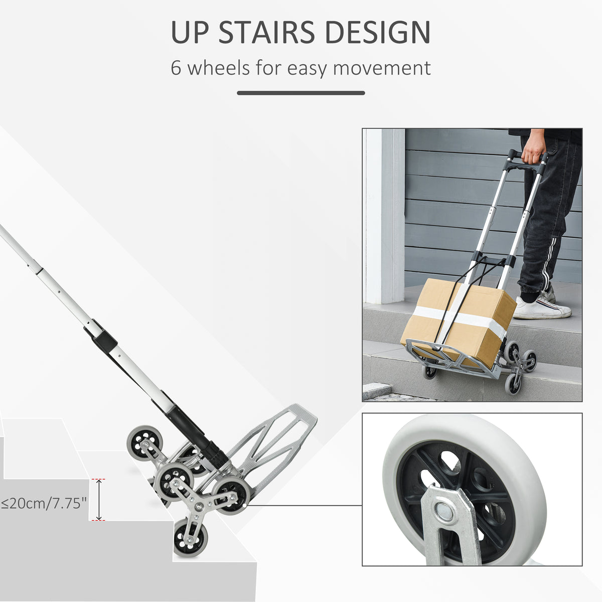 6-Wheels Stair Climber Hand Truck, Dolly Heavy Duty Folding Steel Load Cart with Adjustable Telescoping Handle for Moving, Luggage, Travel & Office, 154lbs Capacity