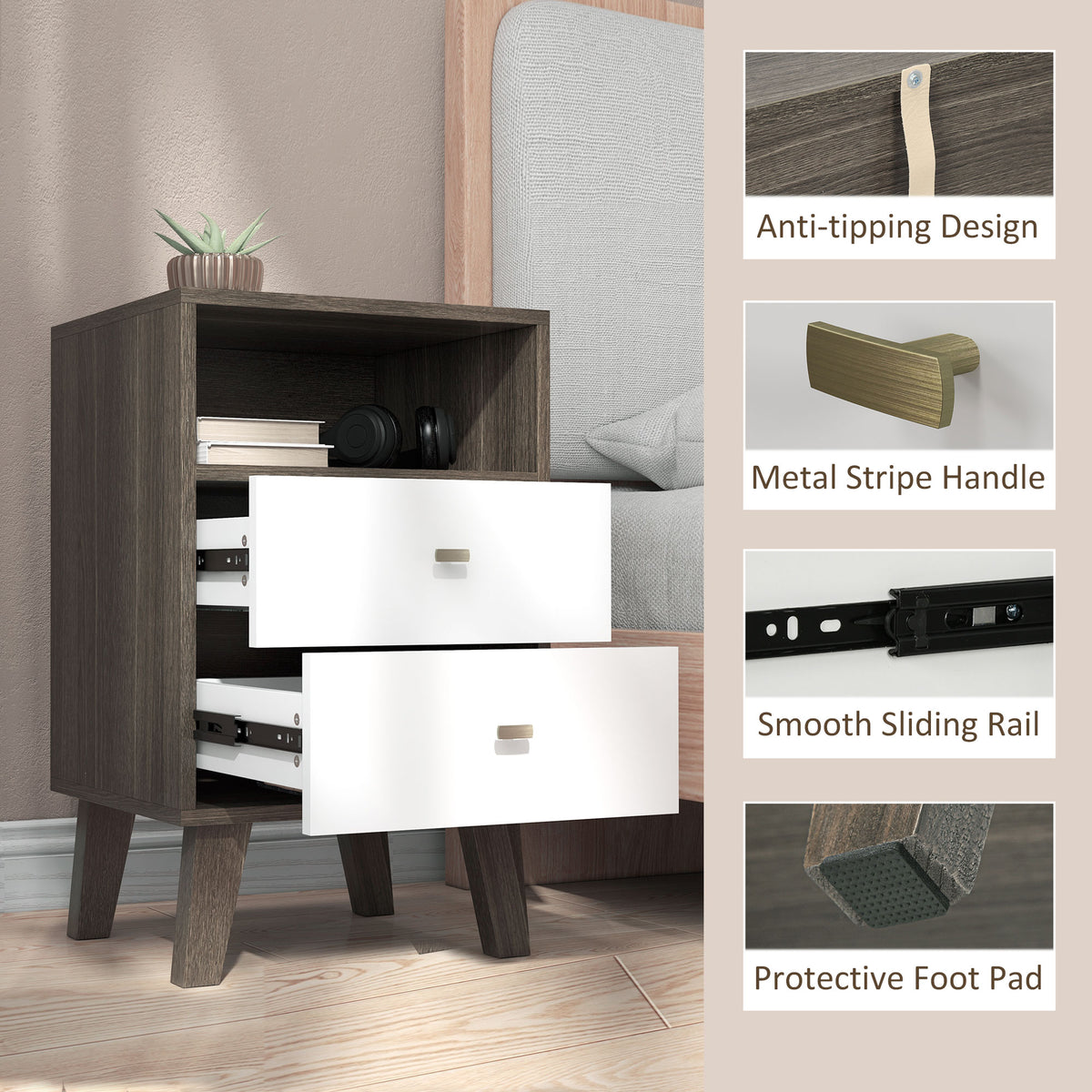 Nightstand Set of 2, Modern Bedside Table, Night Stand for Living Room with 2 Drawers and Open Storage, Grey