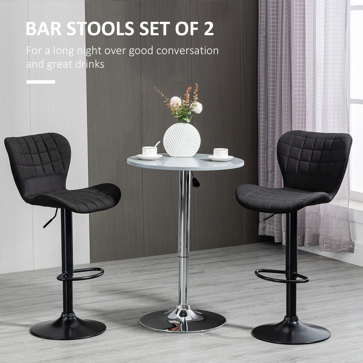 Bar Stools Set of 2, Adjustable Height Swivel Bar Chairs, Linen-feel Fabric Upholstered Kitchen Counter Stools with Wide Seat, Back and Footrest, Black