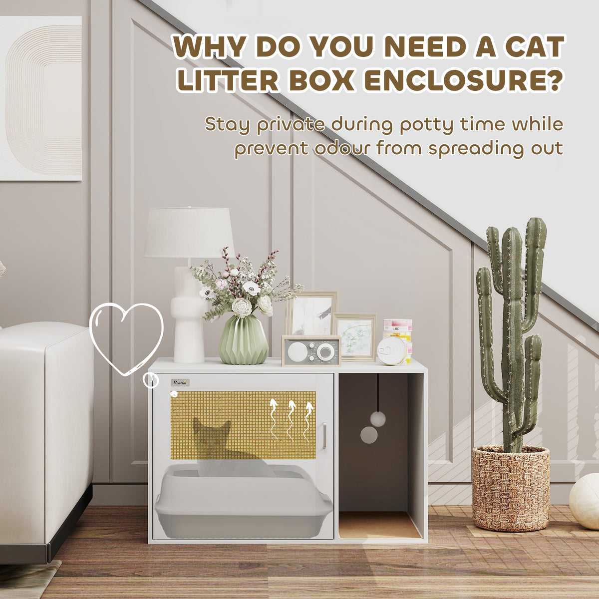 Cat Litter Box Enclosure, Cat Washroom End Side Table with Rattan Door, Scratching Pad, Non-slip Foot Pads – view 11
