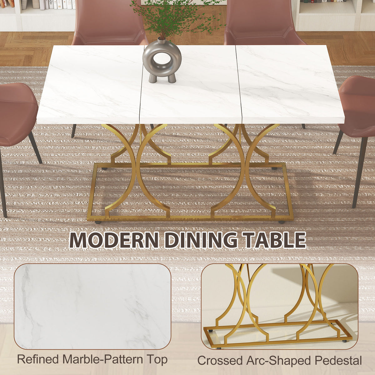 59-Inch Dining Table for 6, Modern Marble-Pattern Kitchen Dinner Table with Metal Pedestal for Home, Dining Room, White