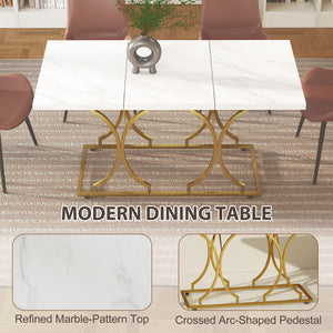 59-Inch Dining Table for 6, Modern Marble-Pattern Kitchen Dinner Table with Metal Pedestal for Home, Dining Room, White