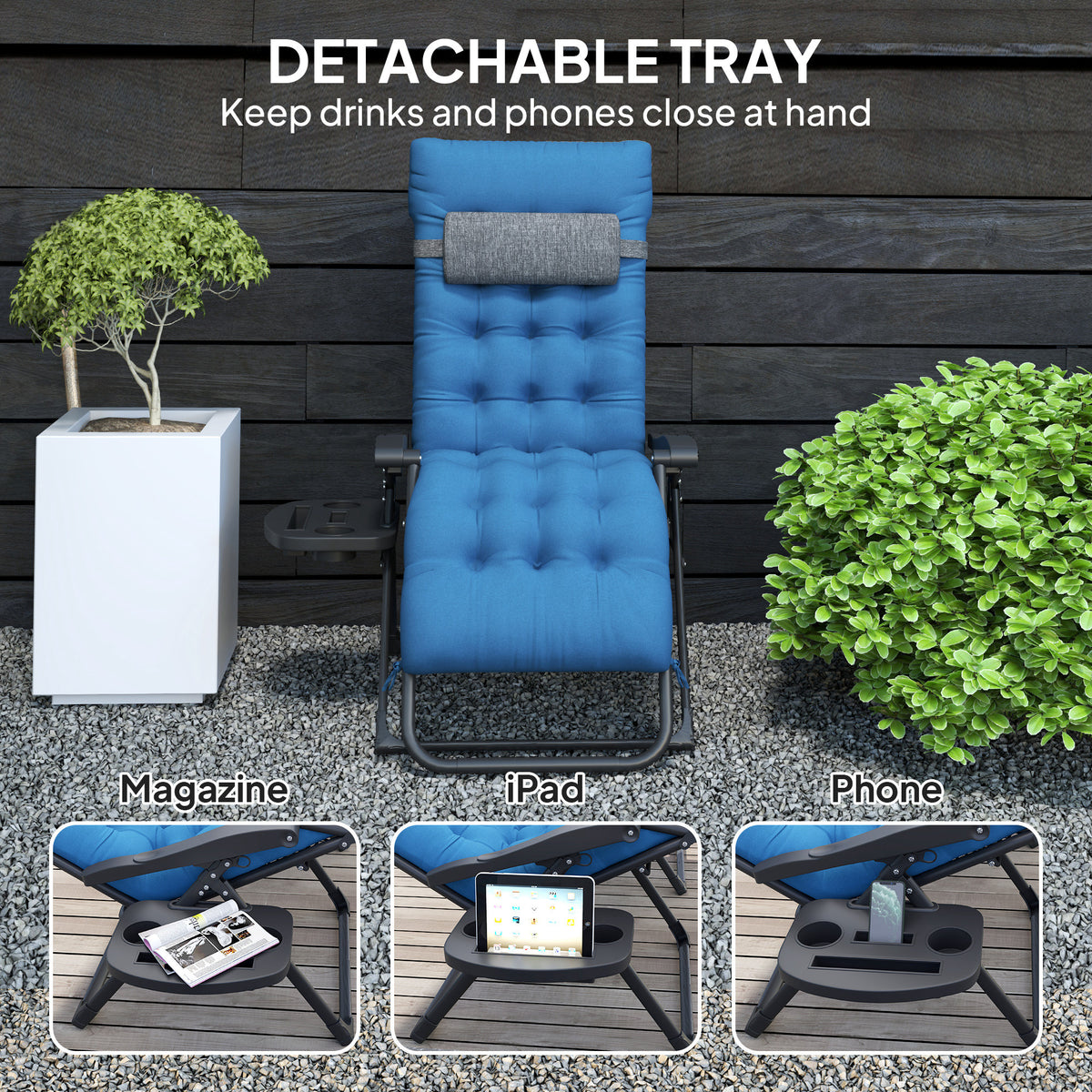 Padded Folding Recliner Chair, Patio Lounger with Cupholder, Adjustable Backrest, Removable Cushion, Black – view 33