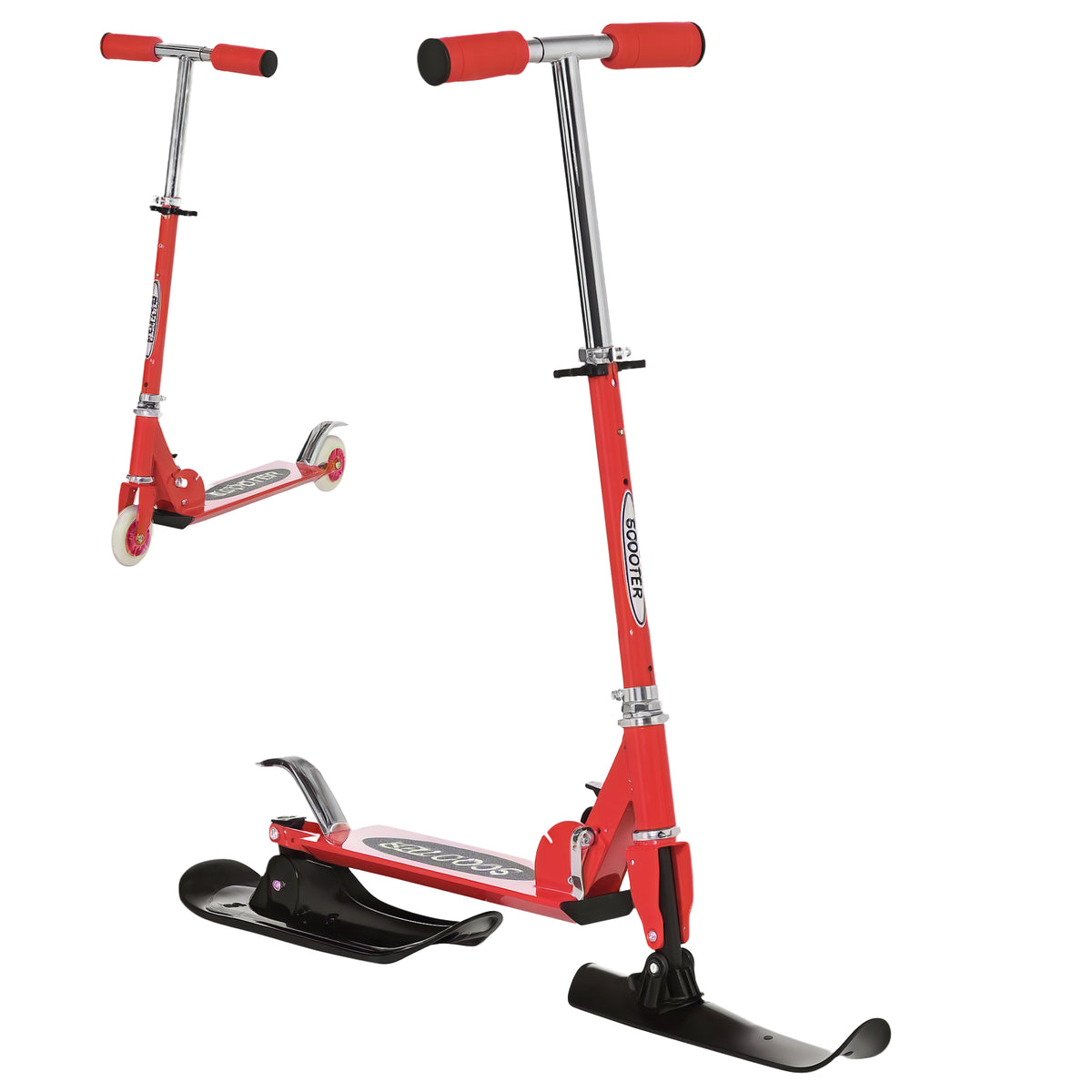 Qaba Snow Scooter, 2 in 1 Design Adjustable Height Scooter Snow Sled for Kids Aged Over 7 Years Old, Foldable Kids Sled Ski Scooter with Wheels Blades