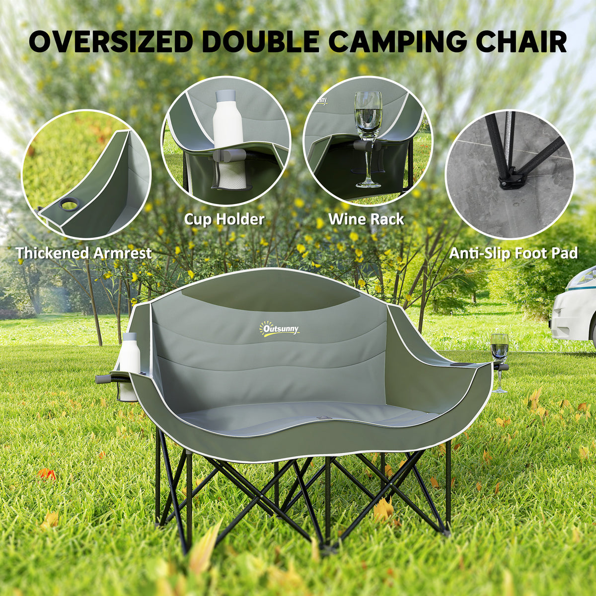 Portable Camp Chair, Double Camping Chair with Cup Holders and Carry Bag, Support 551 lbs, Dark Green – view 3