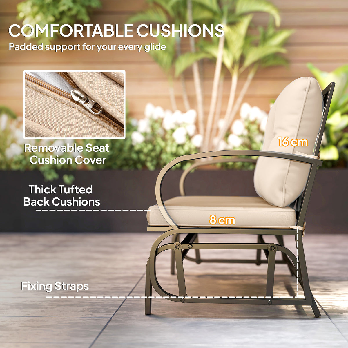 2-Person Outdoor Glider Chair, Patio Double Rocking Loveseat with Steel Frame and Cushions for Backyard – view 4