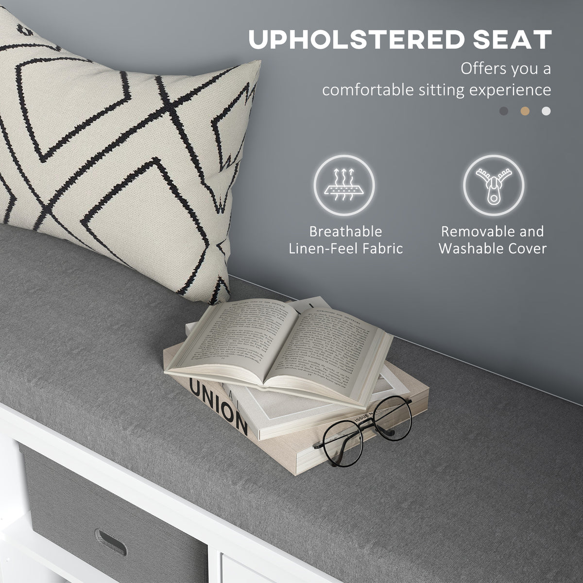 Shoe Storage Bench with Cushioned Seat, Entryway Bench Seat with 2 Cabinets and Adjustable Shelf for Hallway, White