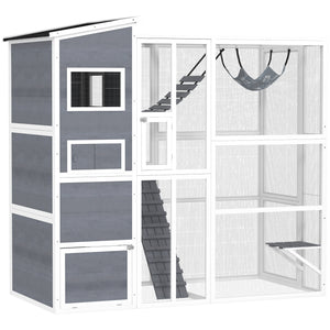 76" Catio Outdoor Cat Enclosure with Cat Condo, Jumping Platforms, Ladder, Ramps