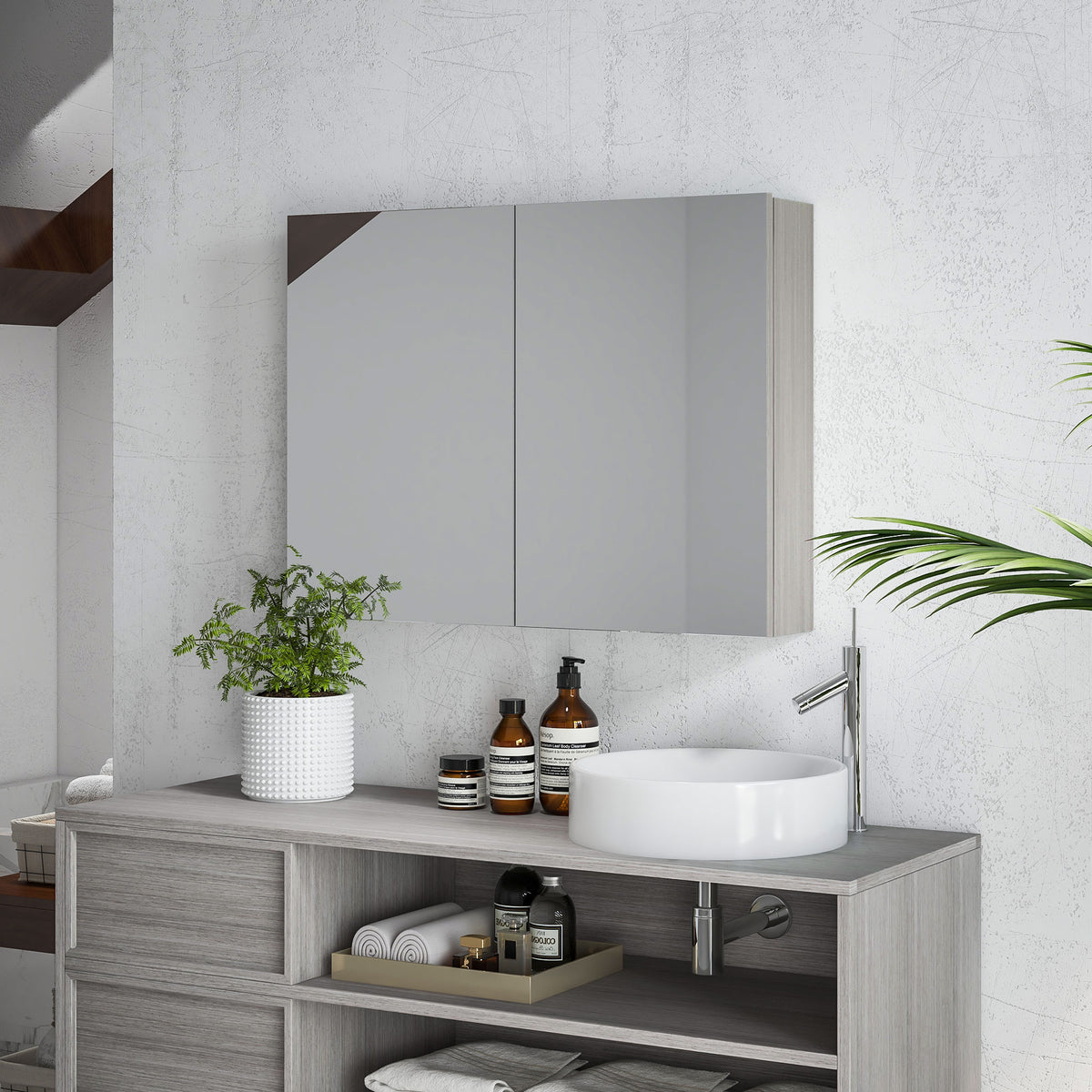 Bathroom Mirror Cabinet, Wall-Mounted Storage Organizer with Double Doors, Adjustable Shelf, White – view 14
