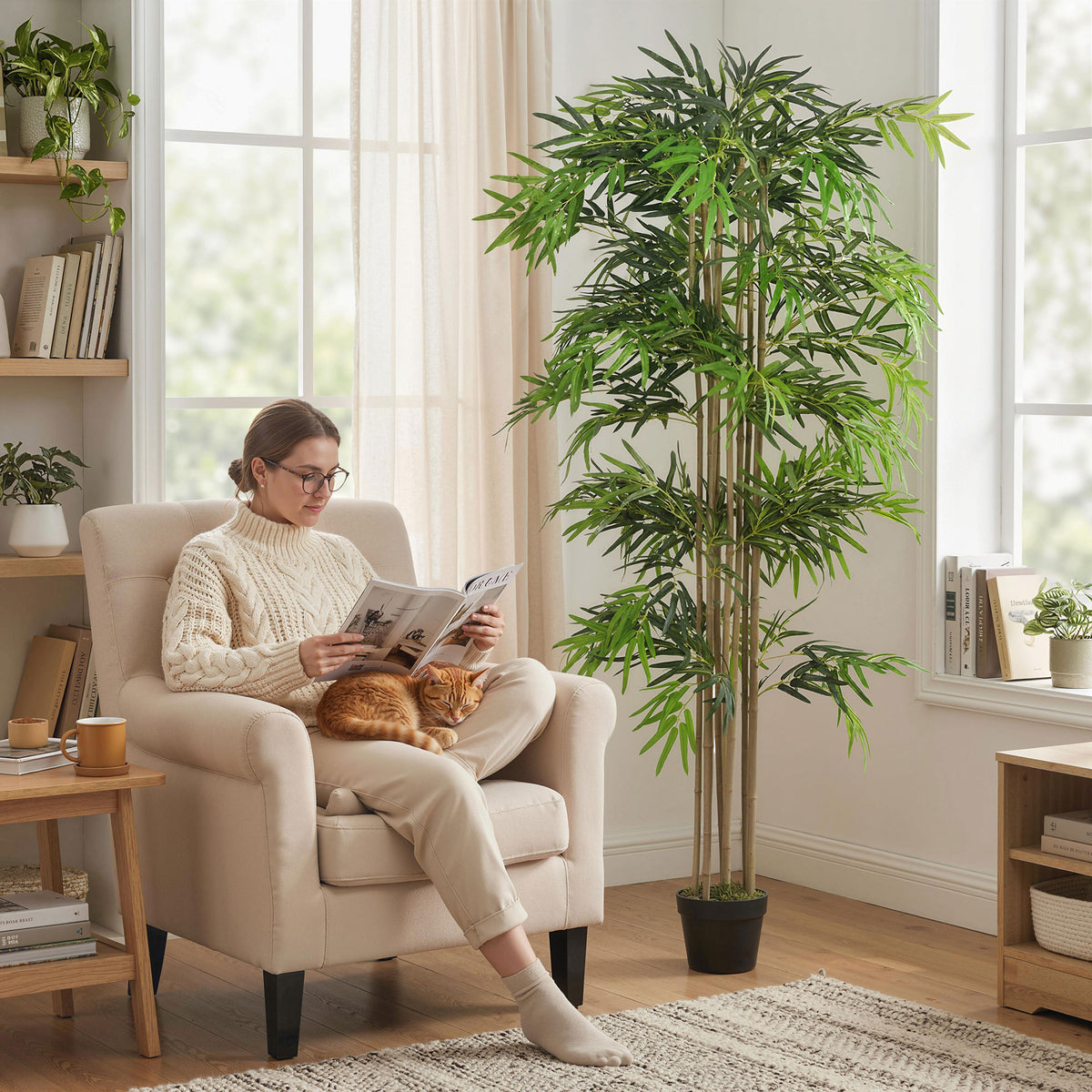 6FT Artificial Bamboo Tree, Fake Plant with 1530 Leaves, Greenery Plant in Nursery Pot for Indoor, Green