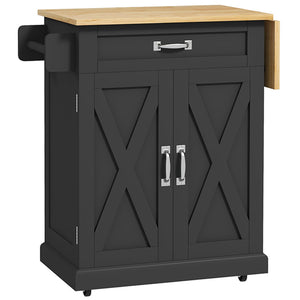 Foldable Kitchen Island with Storage Drawer, Farmhouse Rolling Utility Cart on Wheels with Drop-Leaf Wood
