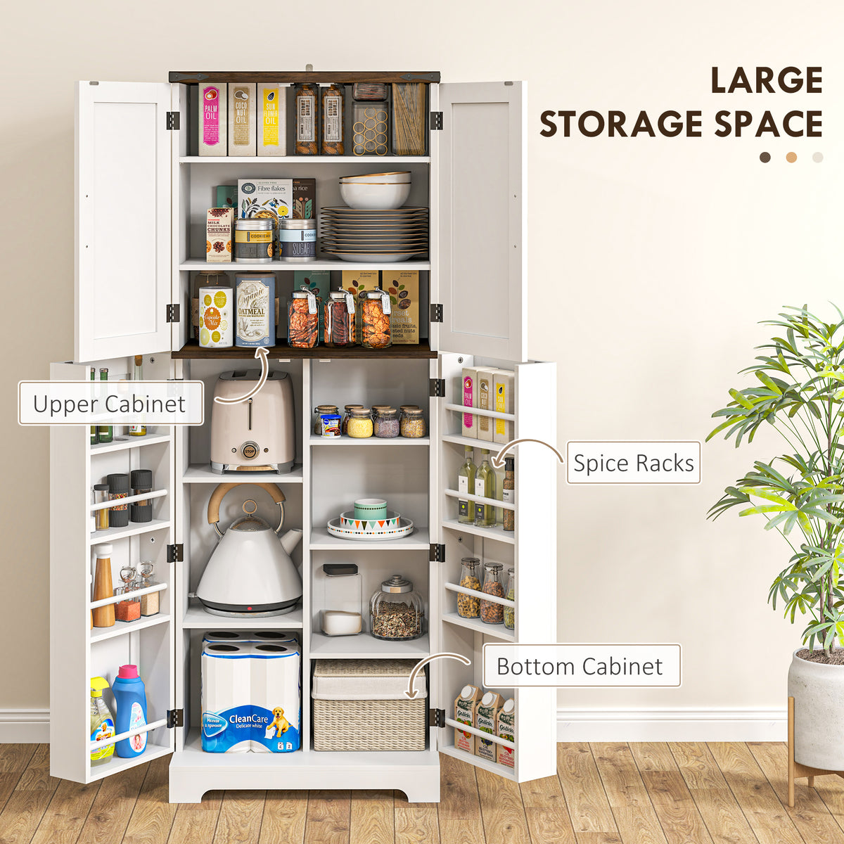 64" Tall Kitchen Pantry Cabinet with Spice Racks and Adjustable Shelves, Black Wood Grain