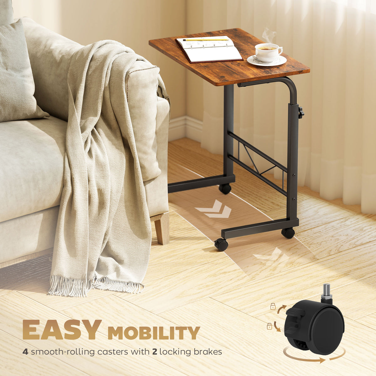 Mobile Standing Desk with Adjustable Height, 23.5 inch Stand Up Desk with Wheels, Natural Wood