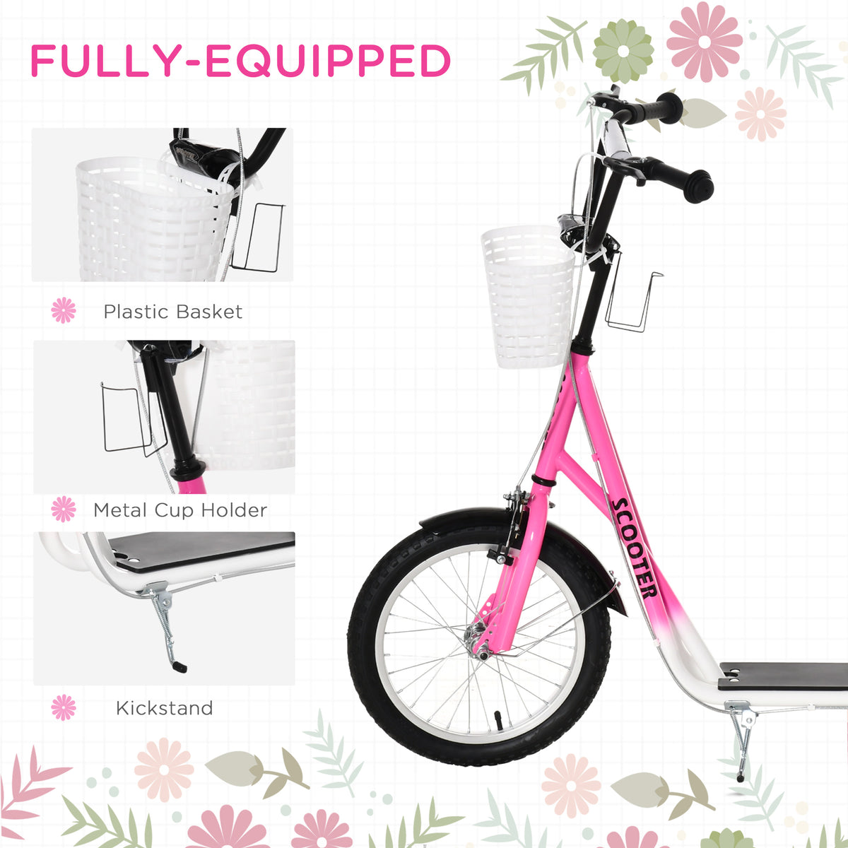 Aosom Kick Scooter with Adjustable Handlebar, Kids Scooter with 2 Brakes Basket Cupholder 16" Inflatable Rubber Tyres