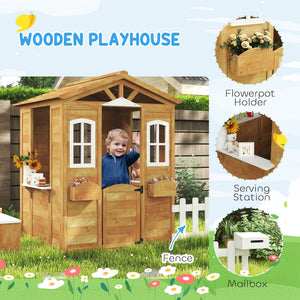 Wooden Kids Playhouse with Door Windows Mailbox Flower Pot Holder Serving Station Bench Yellow