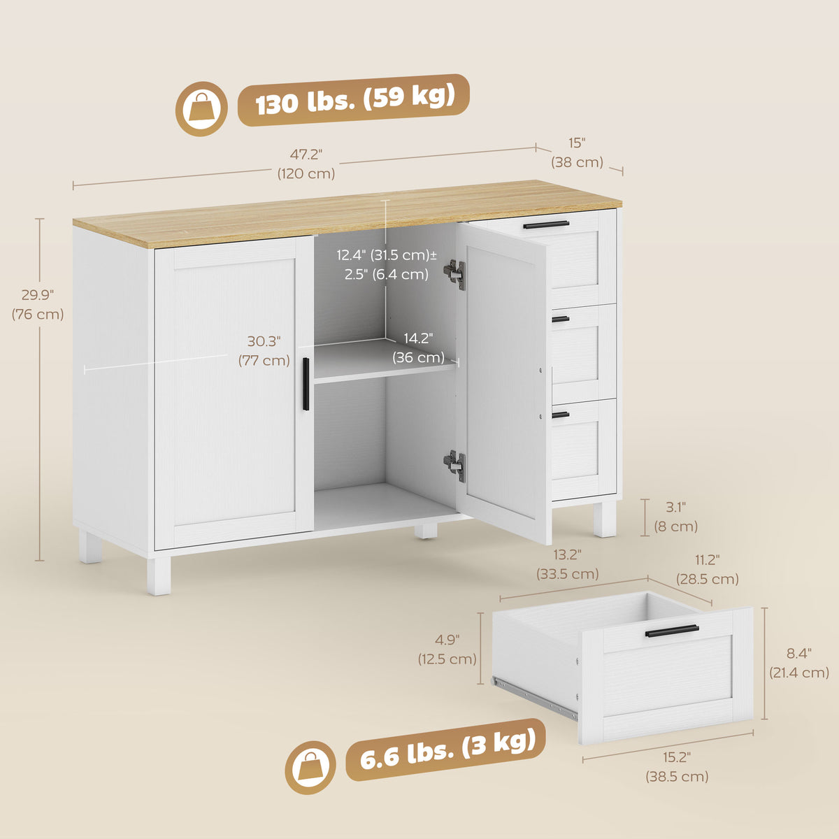 Buffet Cabinet with Soft-Close Doors, Modern Sideboard with 3 Drawers for Living Room, Kitchen – view 9