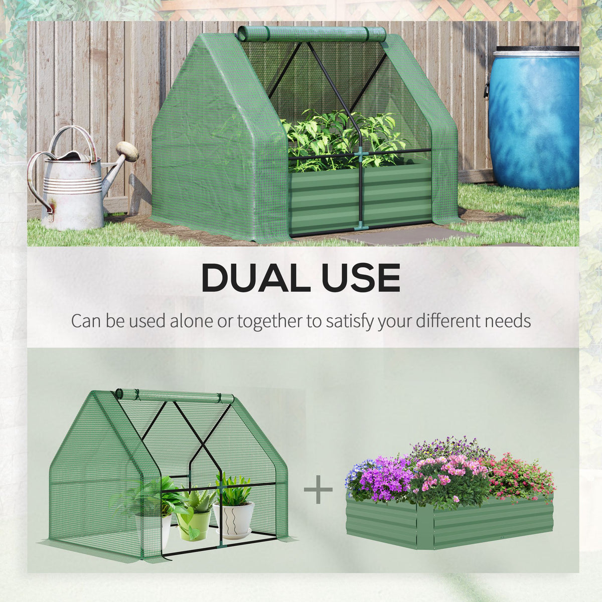 Steel Outdoor Raised Garden Bed with Greenhouse,Cover, Roll Up Door, Dual Use, 50"x37.4"x36.2", Green