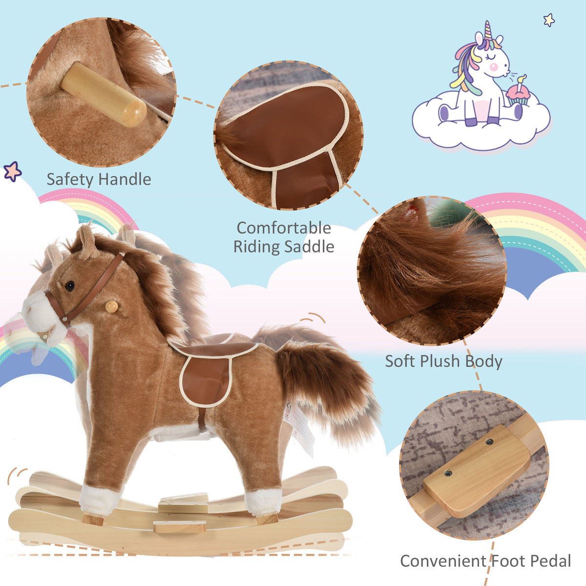 Qaba Kids Rocking Horse Plush Animal on Wooden Rockers with Sounds, Wooden Base, Baby Rocking Chair, Brown
