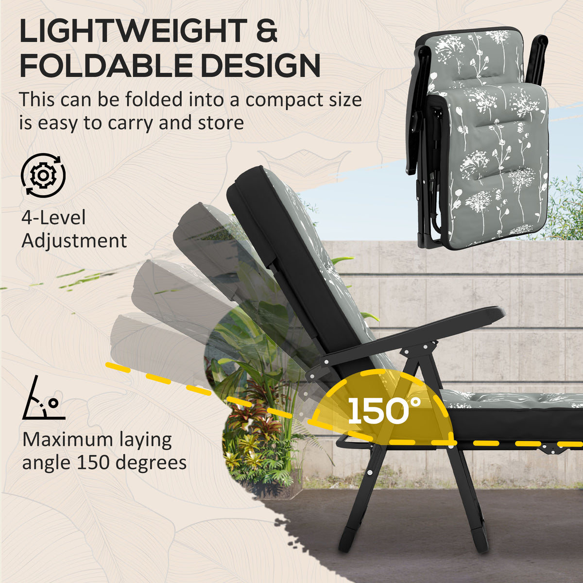 Outdoor Lounge Chair with Padded Cushion, Folding Reclining Patio Garden Chair with Recline Back, Footrest – view 18