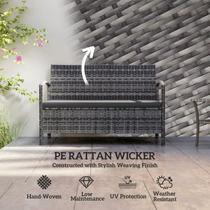 33 Gallon Outdoor Storage Bench, Wicker Deck Box Patio Bench Seat with Cushion, Grey
