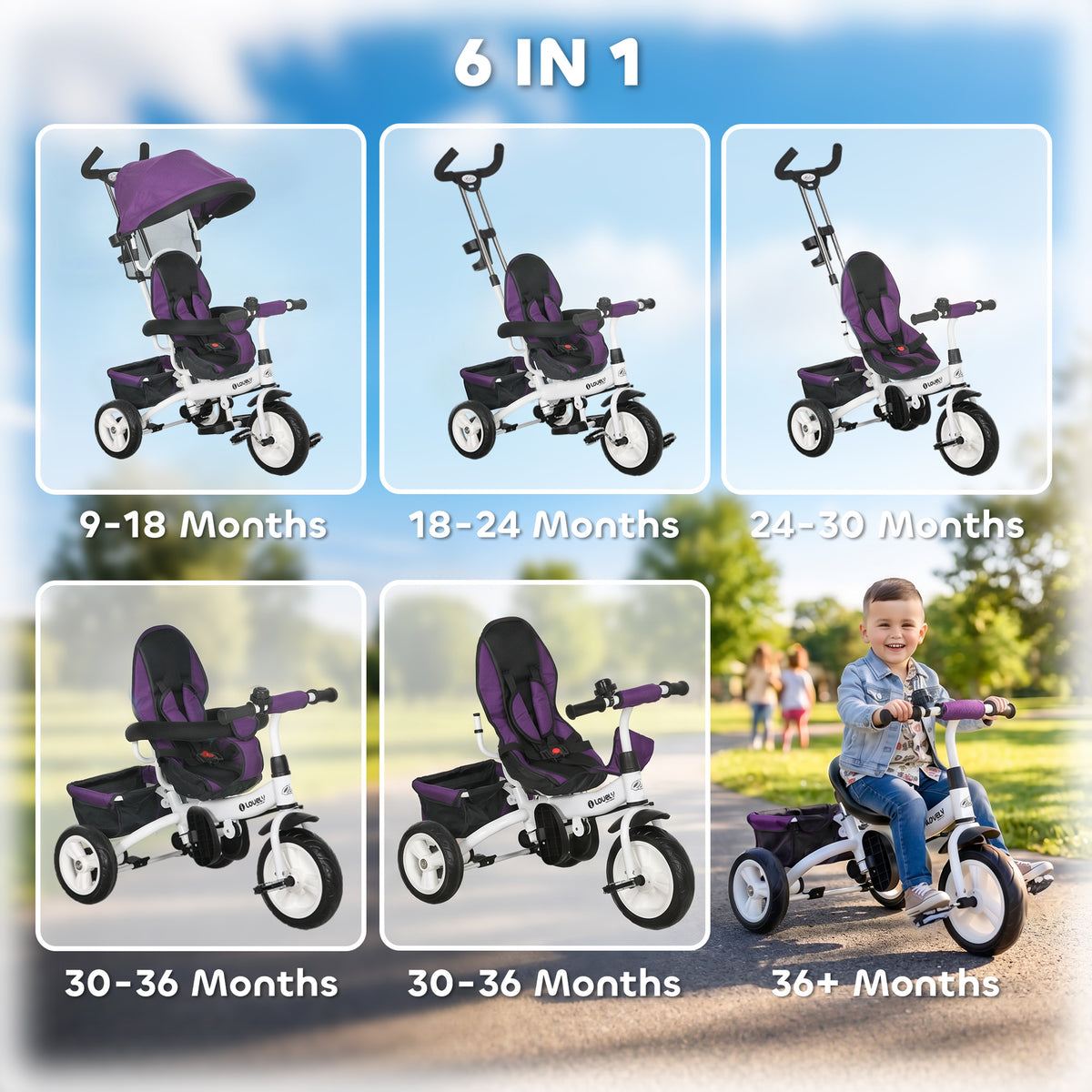 Qaba 6 in 1 Toddler Tricycle Stroller with Basket, Canopy, 5-point Safety Harness, for 12-60 Months