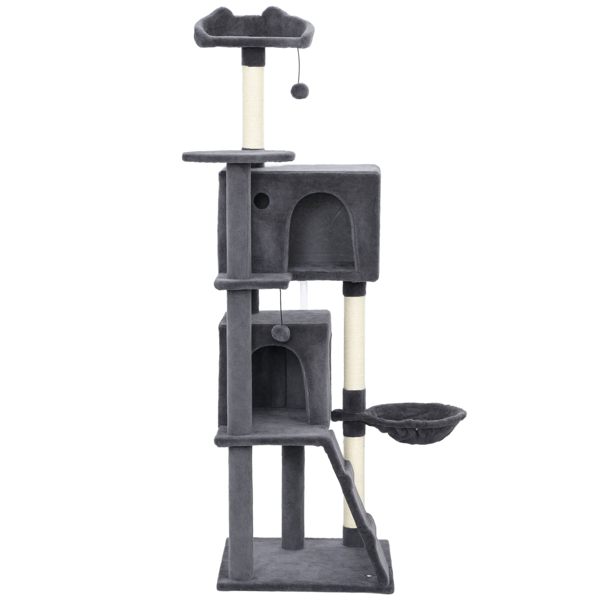 63 Inch Cat Tree with Sisal Scratching Posts, Condos, Plush Perches, Hammock, Ladder, Dangling Balls, Beige – view 8