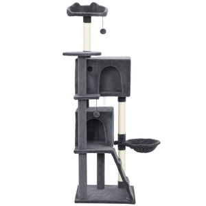 63 Inch Cat Tree with Sisal Scratching Posts, Condos, Plush Perches, Hammock, Ladder, Dangling Balls, Beige – view 8