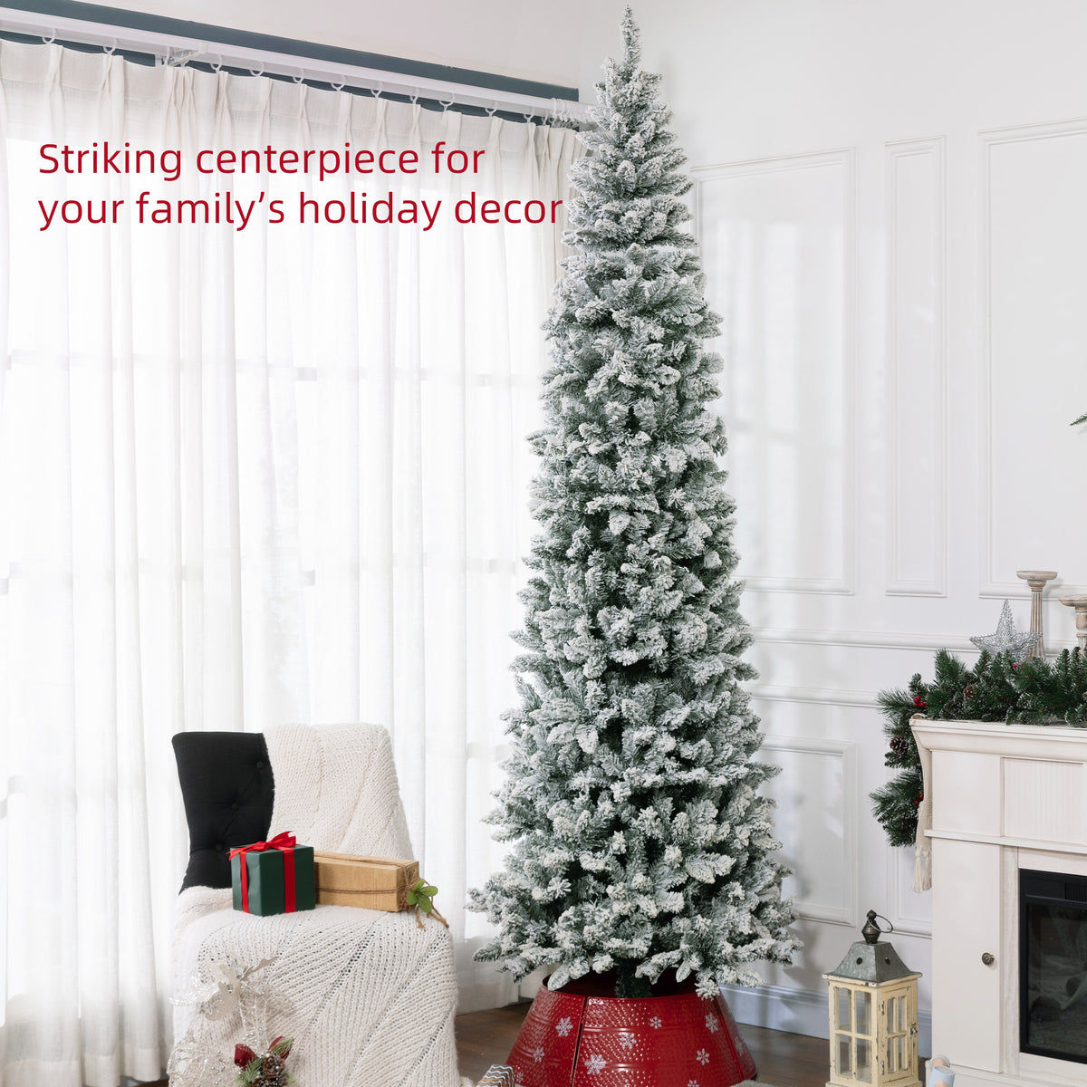 6ft Pencil Christmas Tree, Flocked Tree with 479 Branch Tips and Metal Base for Home, Indoor, Holiday