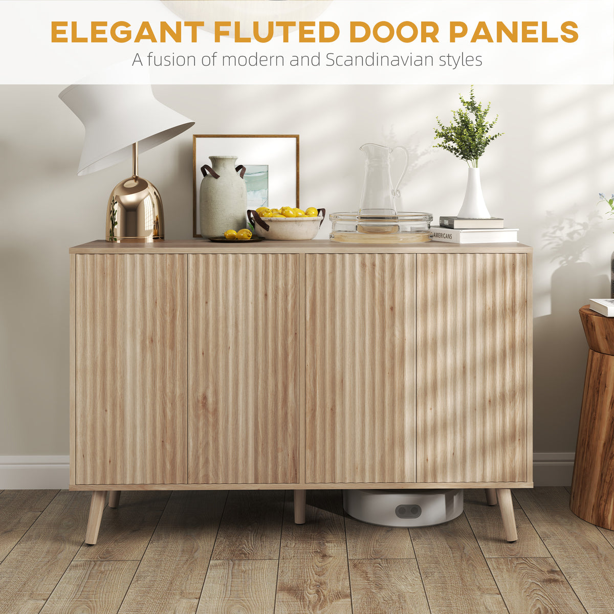 Buffet Cabinet with Storage Modern Fluted Sideboard with Adjustable Shelves Wood Legs for Dining Room – view 3