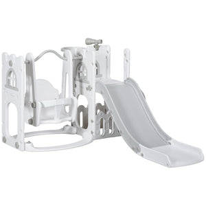 Qaba 6-in-1 Slide and Swing Set Baby Swing Playset Indoor with Basketball Hoop, Climber, Storage Space, Telescope