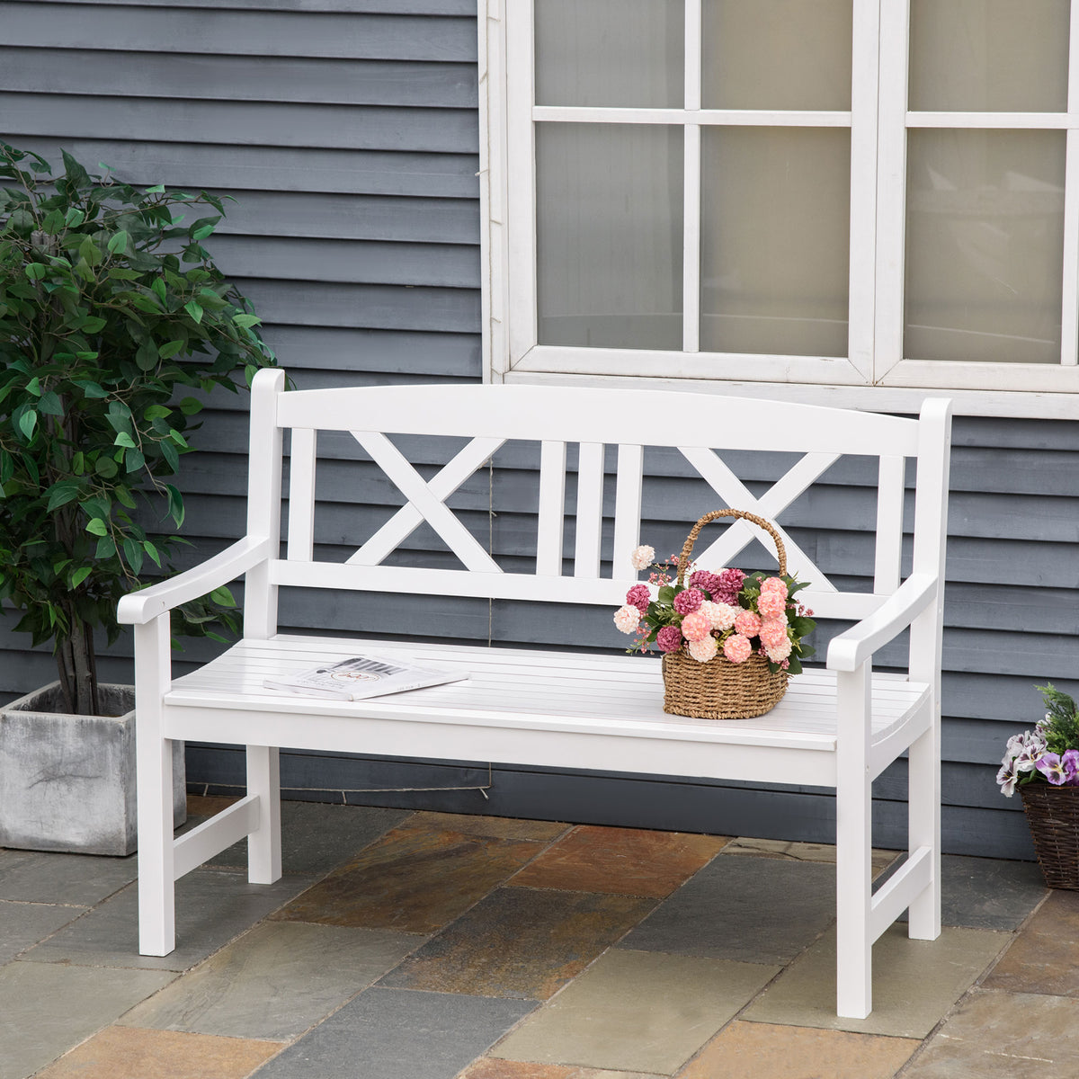 2-Seater Wooden Garden Bench, 4FT Outdoor Patio Loveseat with Unique X-Shape Back for Yard, Lawn, Porch, White