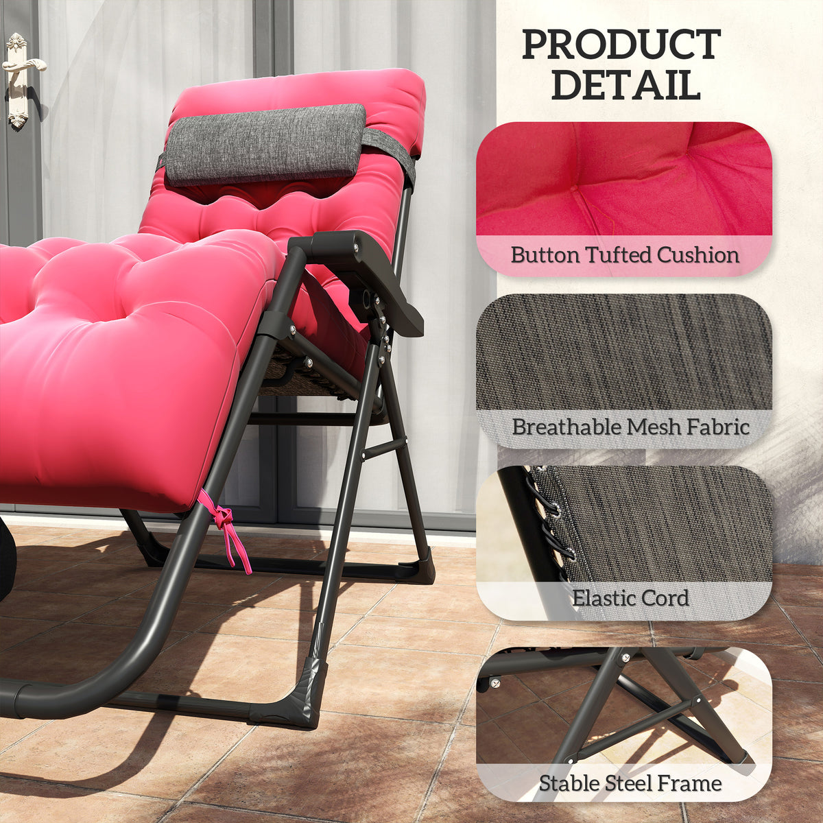 Padded Folding Recliner Chair, Patio Lounger with Cupholder, Adjustable Backrest, Removable Cushion, Black – view 20