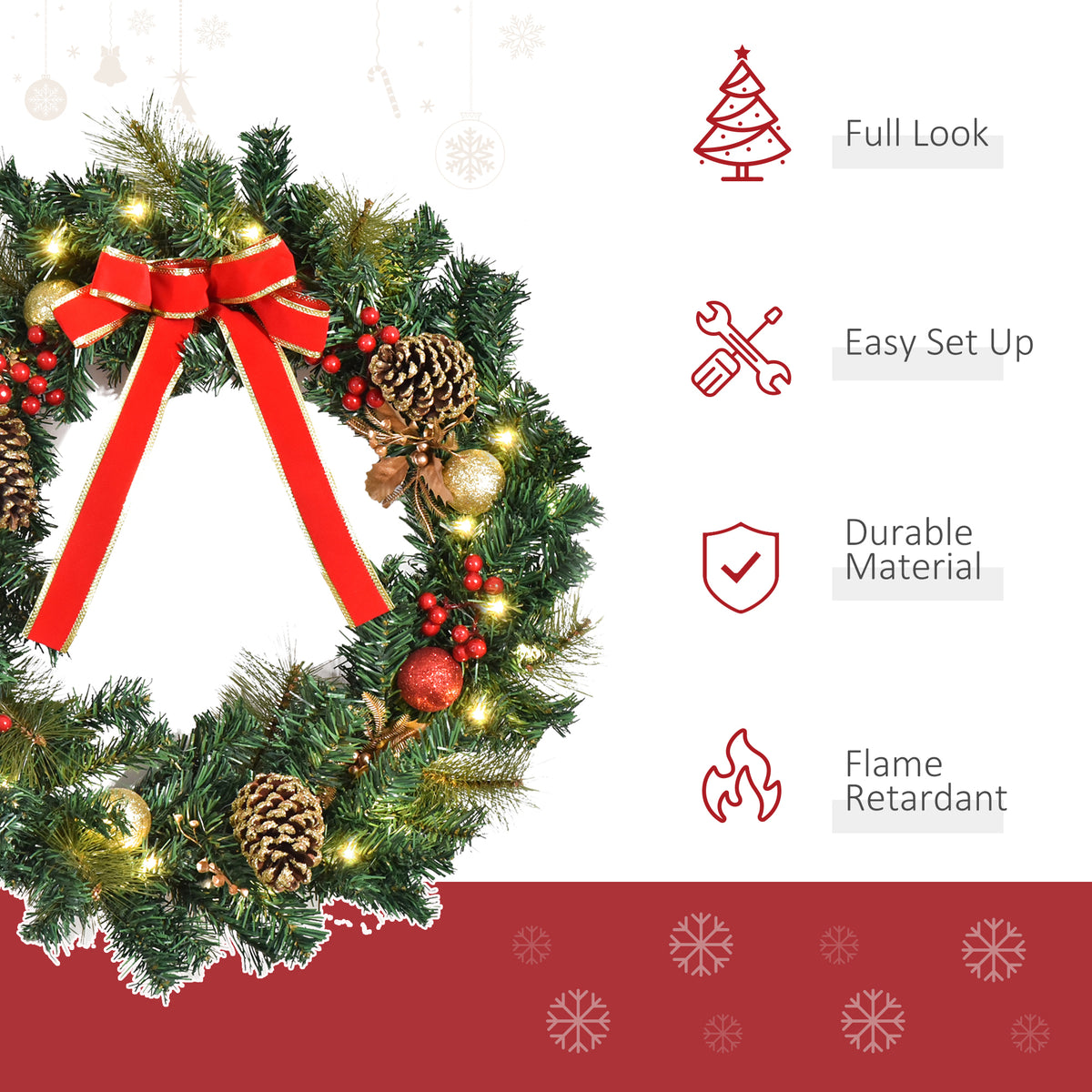 Christmas Wreath 24" Pre-Lit Artificial Greenery Xmas Spruce Wreath Cones Red Berries 20 LED Lights Battery Operated
