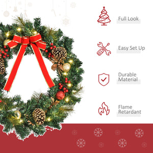 Christmas Wreath 24" Pre-Lit Artificial Greenery Xmas Spruce Wreath Cones Red Berries 20 LED Lights Battery Operated