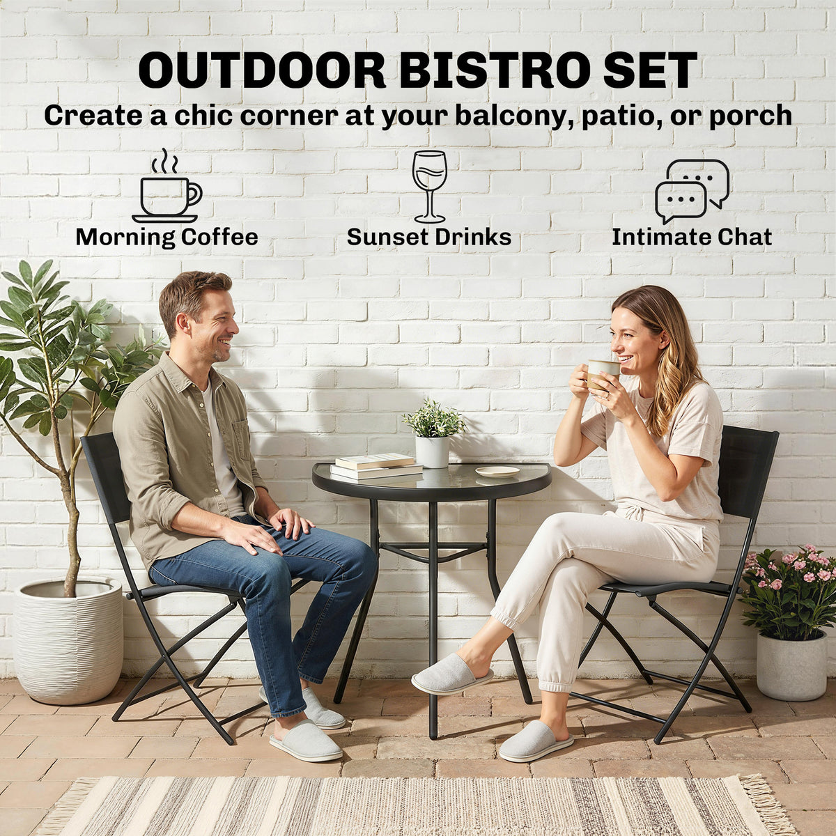Outdoor Bistro Set, 3 Piece Patio Furniture Set with Folding Chairs, Semi-Circle Glass Top Table, Black