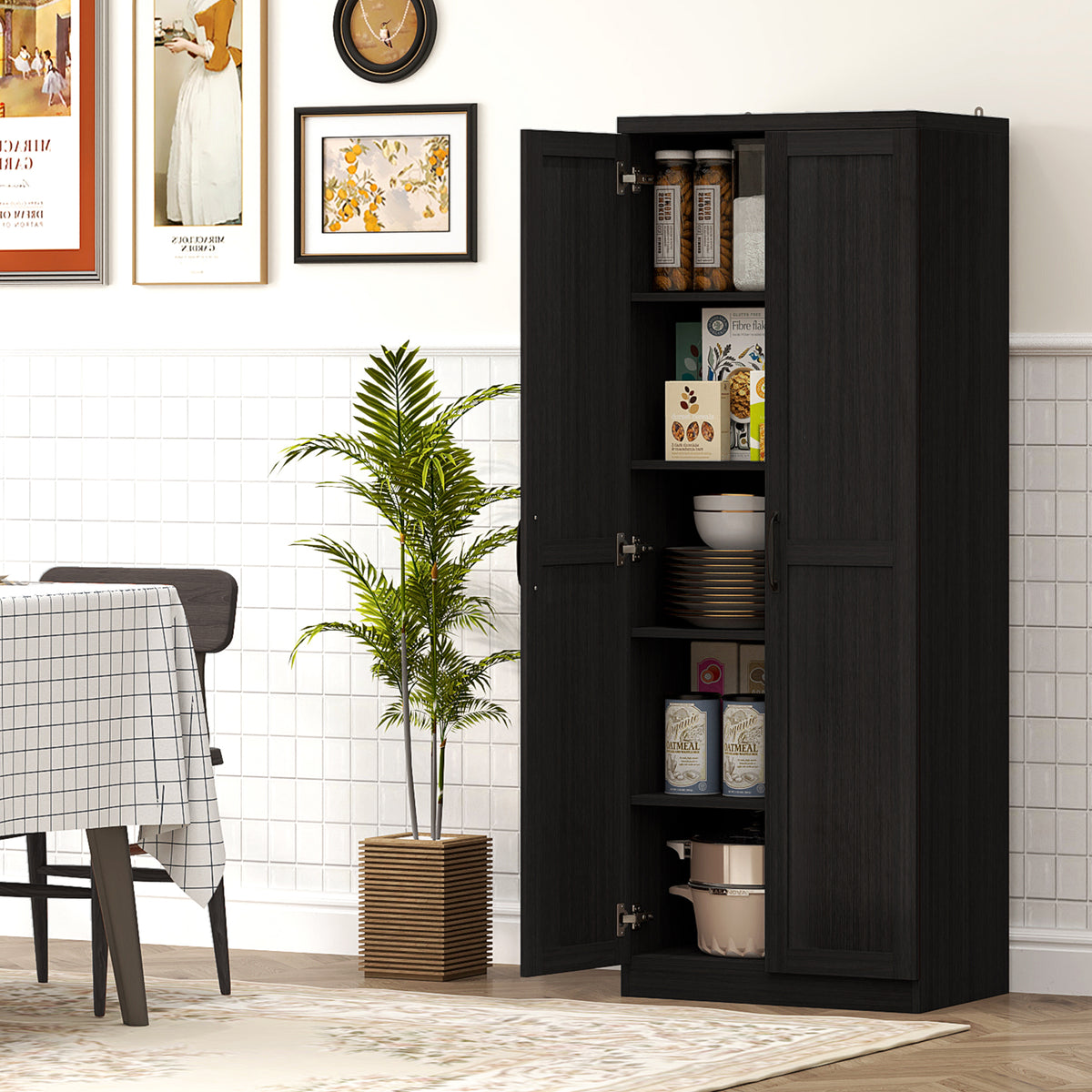 63" Kitchen Storage Cabinet, 5-tier Pantry Cabinet with Doors and Adjustable Shelves for Dining Room, Black – view 7