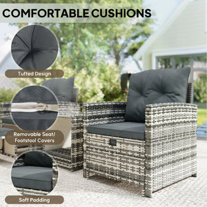5 Piece Patio Furniture Set, Wicker Patio Chairs with Ottomans, 2-Tier Glass Coffee Table and Cushions – view 6