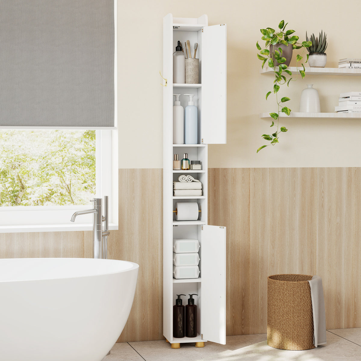 Narrow Bathroom Storage Cabinet with Open Shelves and Toilet Paper Holder-White view 2