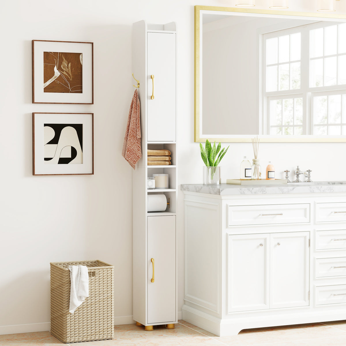 Narrow Bathroom Storage Cabinet with Open Shelves and Toilet Paper Holder-White view 3