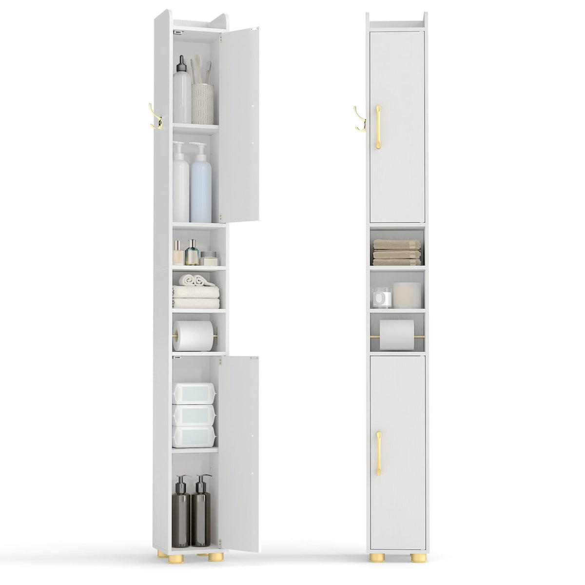 Narrow Bathroom Storage Cabinet with Open Shelves and Toilet Paper Holder-White view 4