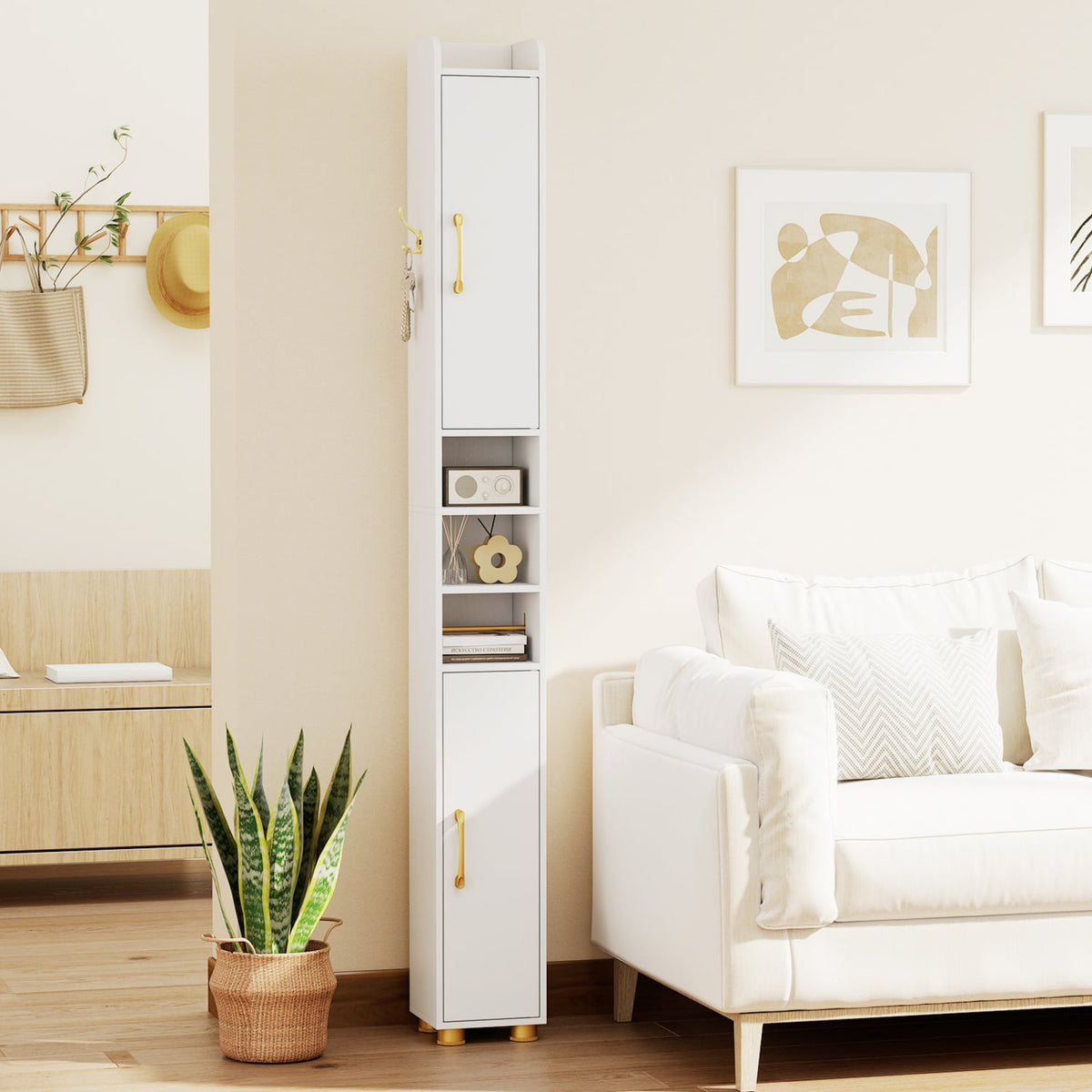 Narrow Bathroom Storage Cabinet with Open Shelves and Toilet Paper Holder-White view 6