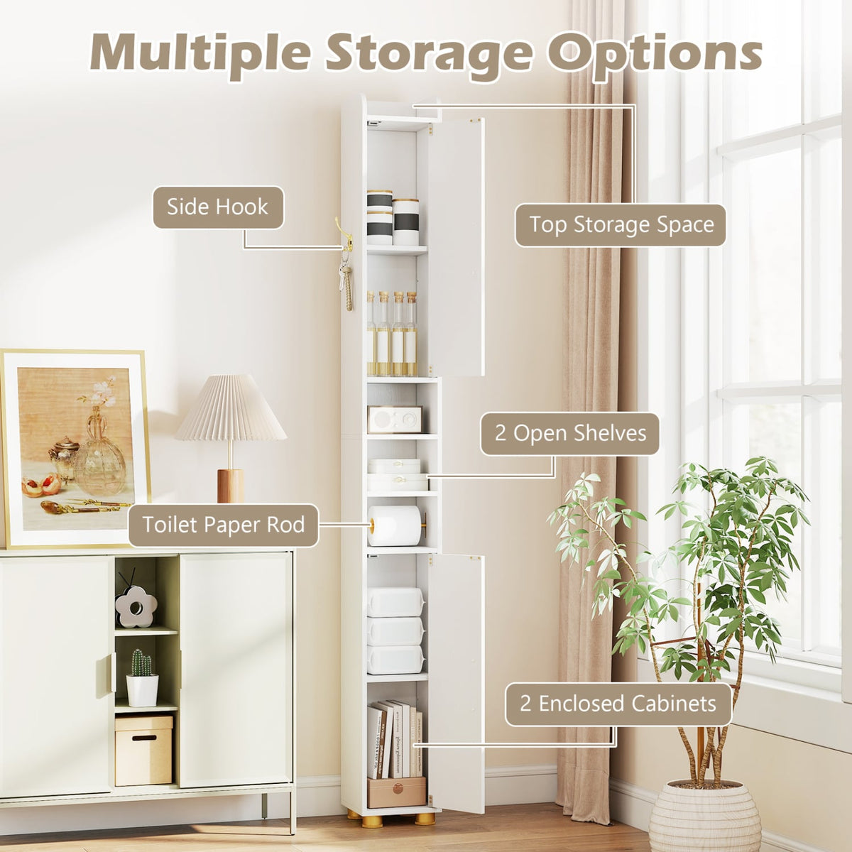 Narrow Bathroom Storage Cabinet with Open Shelves and Toilet Paper Holder-White view 8