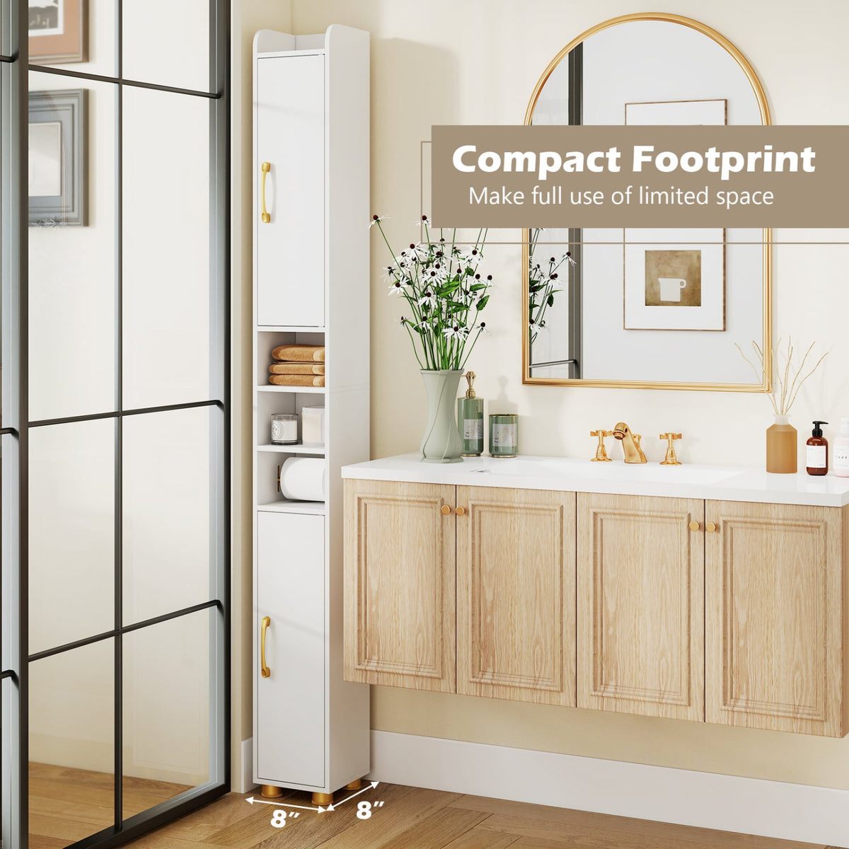 Narrow Bathroom Storage Cabinet with Open Shelves and Toilet Paper Holder-White view 9