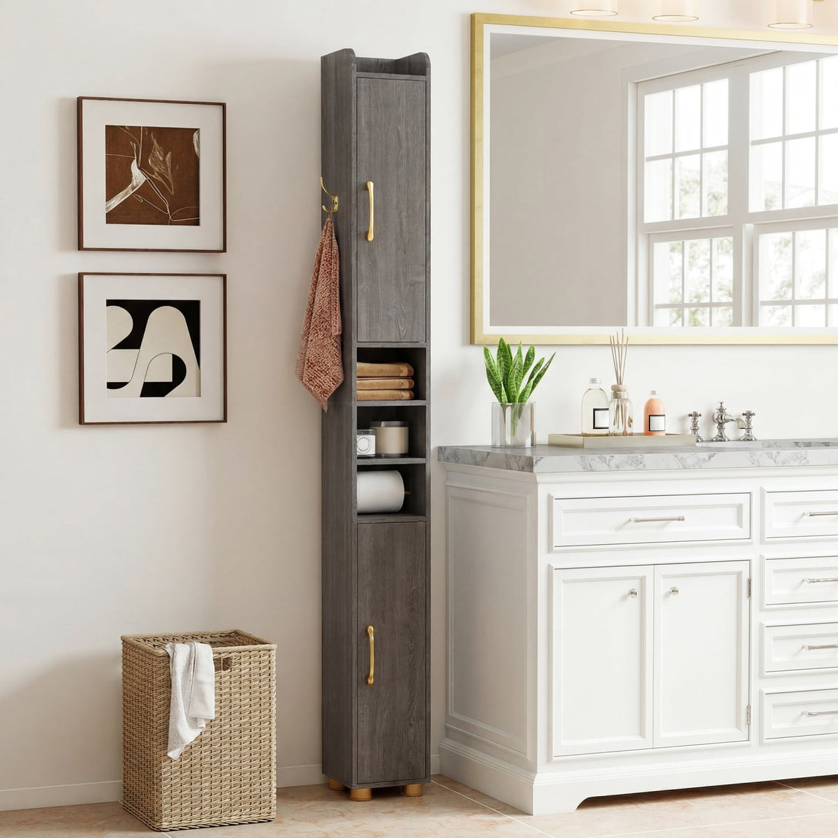 Narrow Bathroom Storage Cabinet with Open Shelves and Toilet Paper Holder-Gray view 2