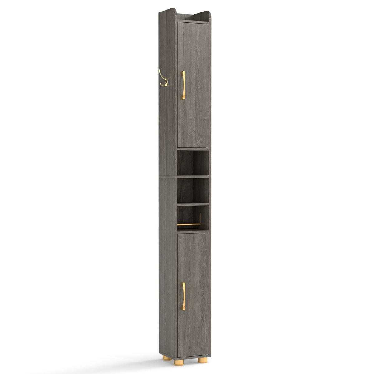 Narrow Bathroom Storage Cabinet with Open Shelves and Toilet Paper Holder-Gray
