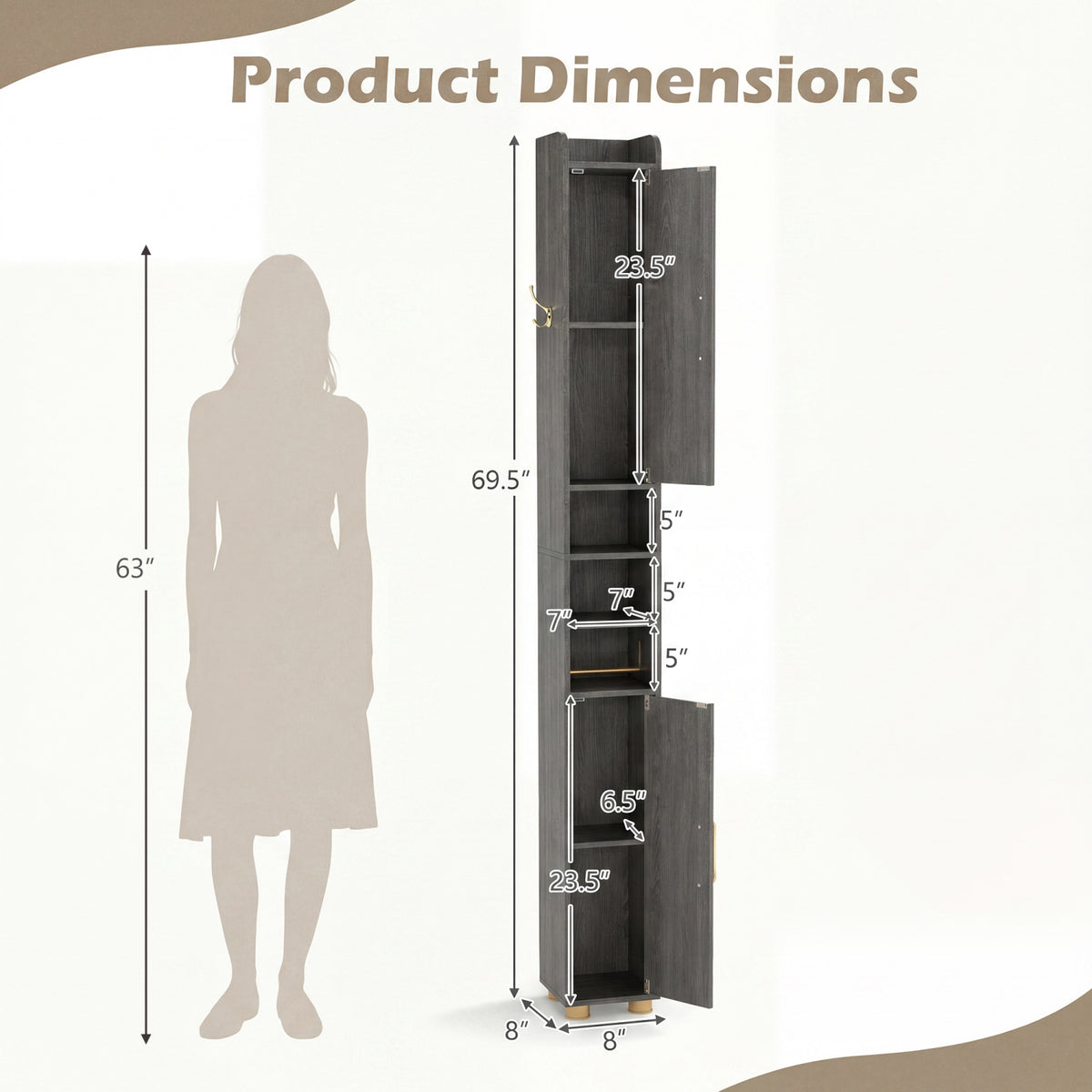 Narrow Bathroom Storage Cabinet with Open Shelves and Toilet Paper Holder-Gray view 4