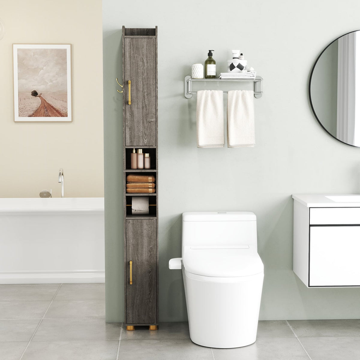 Narrow Bathroom Storage Cabinet with Open Shelves and Toilet Paper Holder-Gray view 5