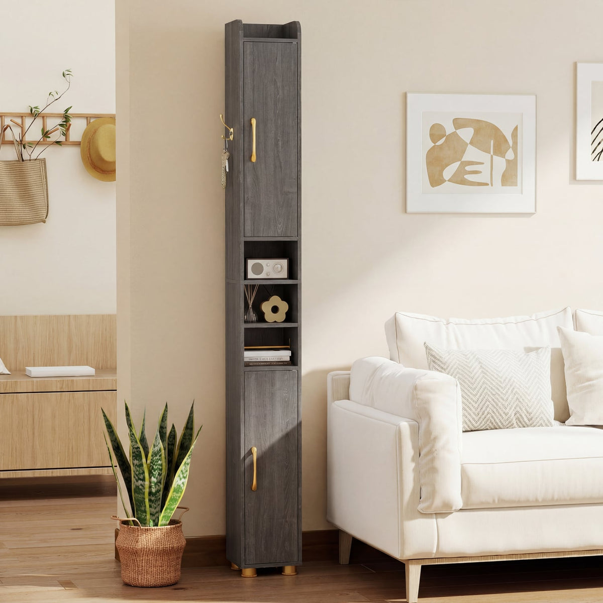 Narrow Bathroom Storage Cabinet with Open Shelves and Toilet Paper Holder-Gray view 6