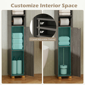 Narrow Bathroom Storage Cabinet with Open Shelves and Toilet Paper Holder-Gray view 7