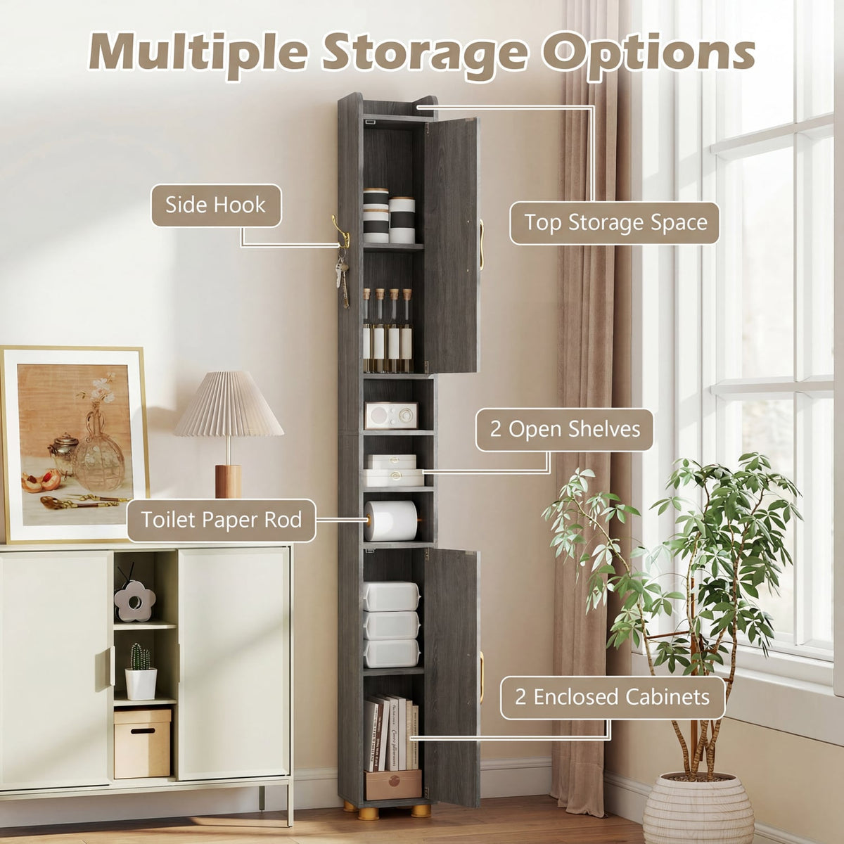 Narrow Bathroom Storage Cabinet with Open Shelves and Toilet Paper Holder-Gray view 8